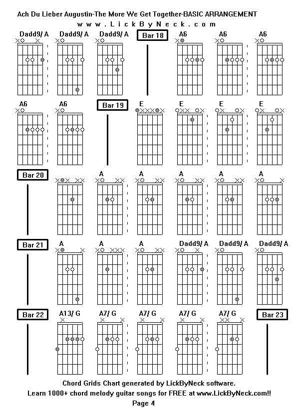 Chord Grids Chart of chord melody fingerstyle guitar song-Ach Du Lieber Augustin-The More We Get Together-BASIC ARRANGEMENT,generated by LickByNeck software.